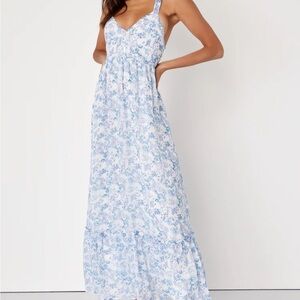 Lulus Floral Blue Tie-Back Maxi Dress